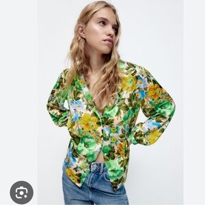 Zara Floral Colorful Peasant Balloon Sleeve Button Down Blouse